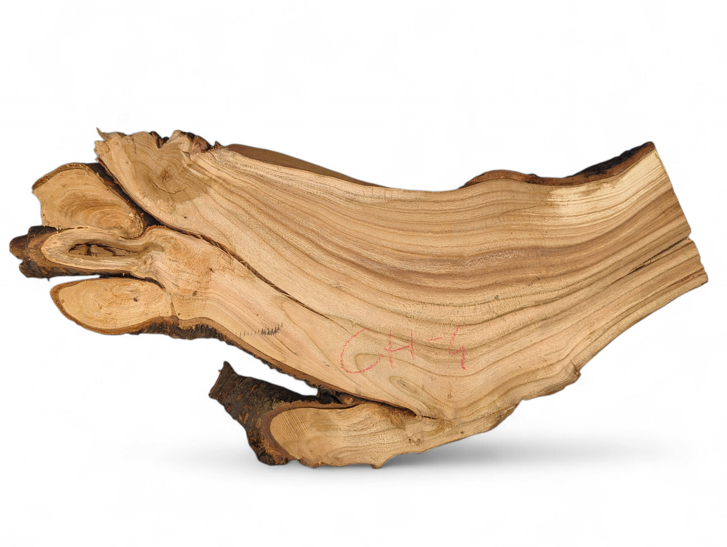 A light brown organic wood slice displaying intricate wavy grain, gnarled dark live edges, and red markings.