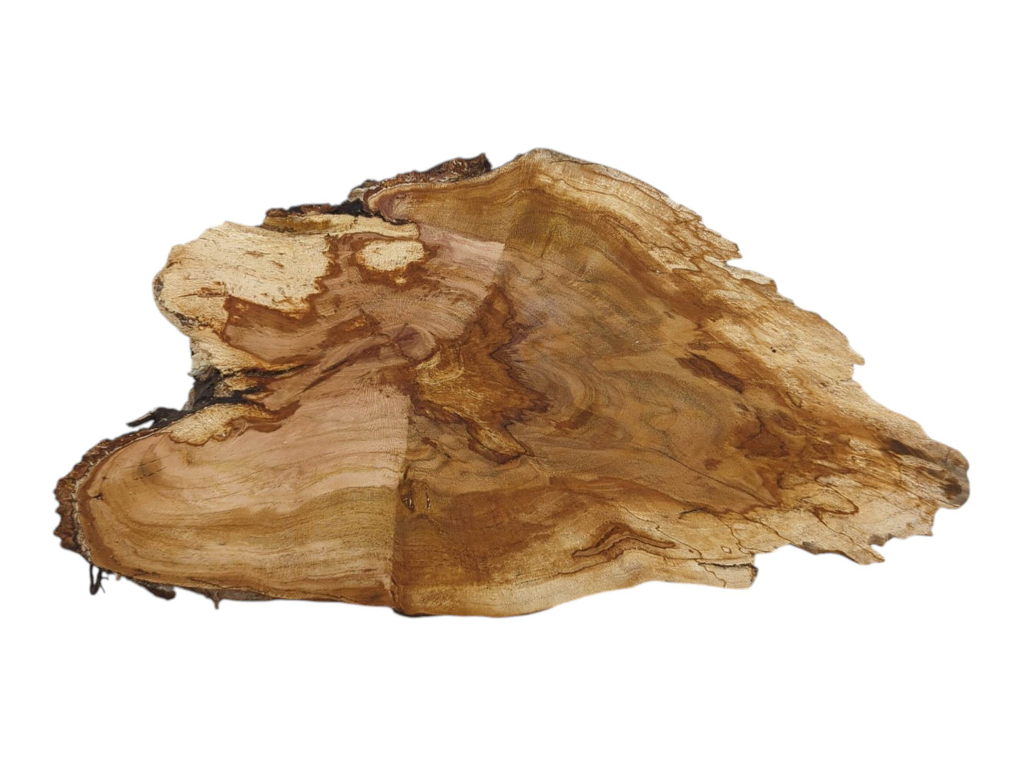 An irregularly shaped wild cherry wood slab with a light brown, wavy grain and natural bark.