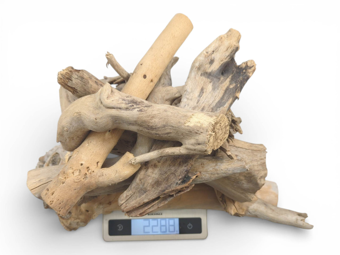 A pile of varied, light-brown elderberry wood branches rests on a digital scale reading 2288.