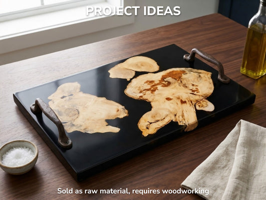 Ailanthus wood root slices embedded in a black resin serving tray with metal handles.
