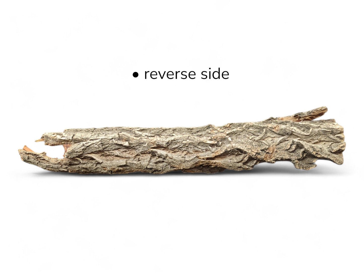 An elongated, irregular piece of rugged gray-brown wood bark, with text '• reverse side'.