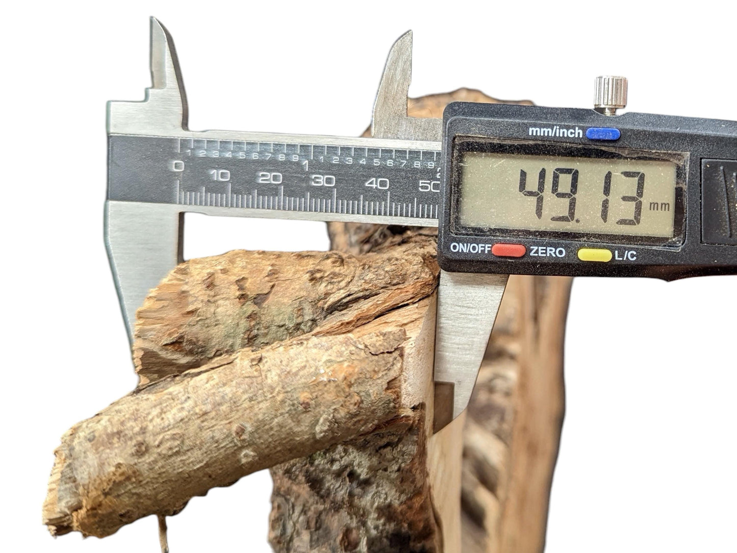 Digital caliper measures a light brown, rough-textured weeping willow wood piece at 49.13 mm.