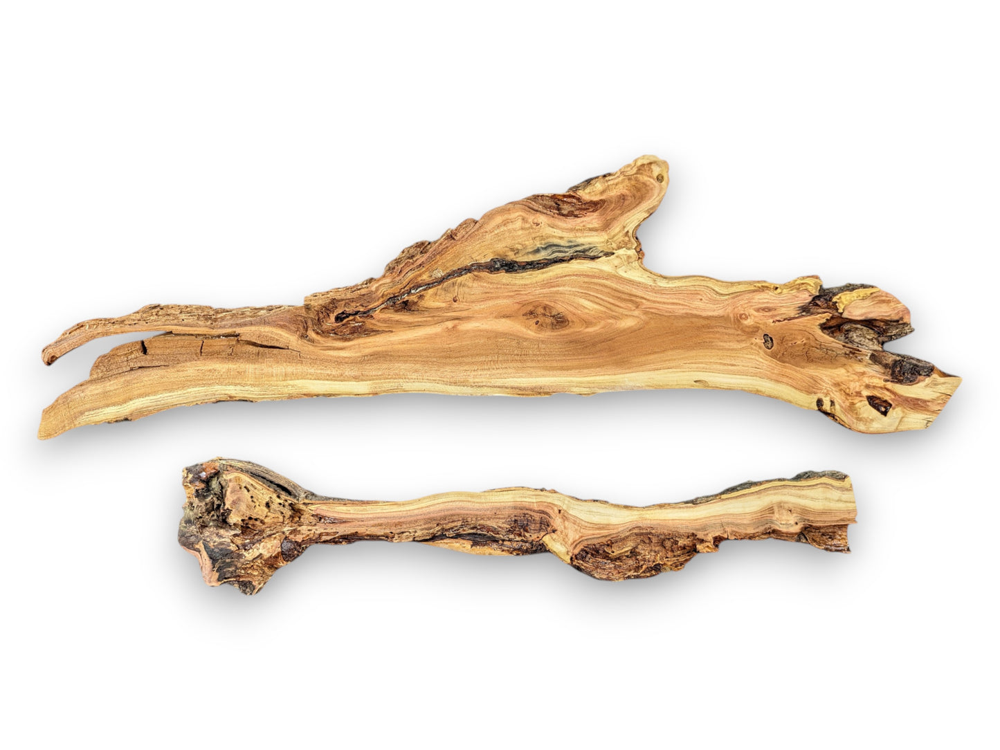 Natural honey locust wood pieces with golden-brown tones, prominent grain, dark knots, and irregular edges.