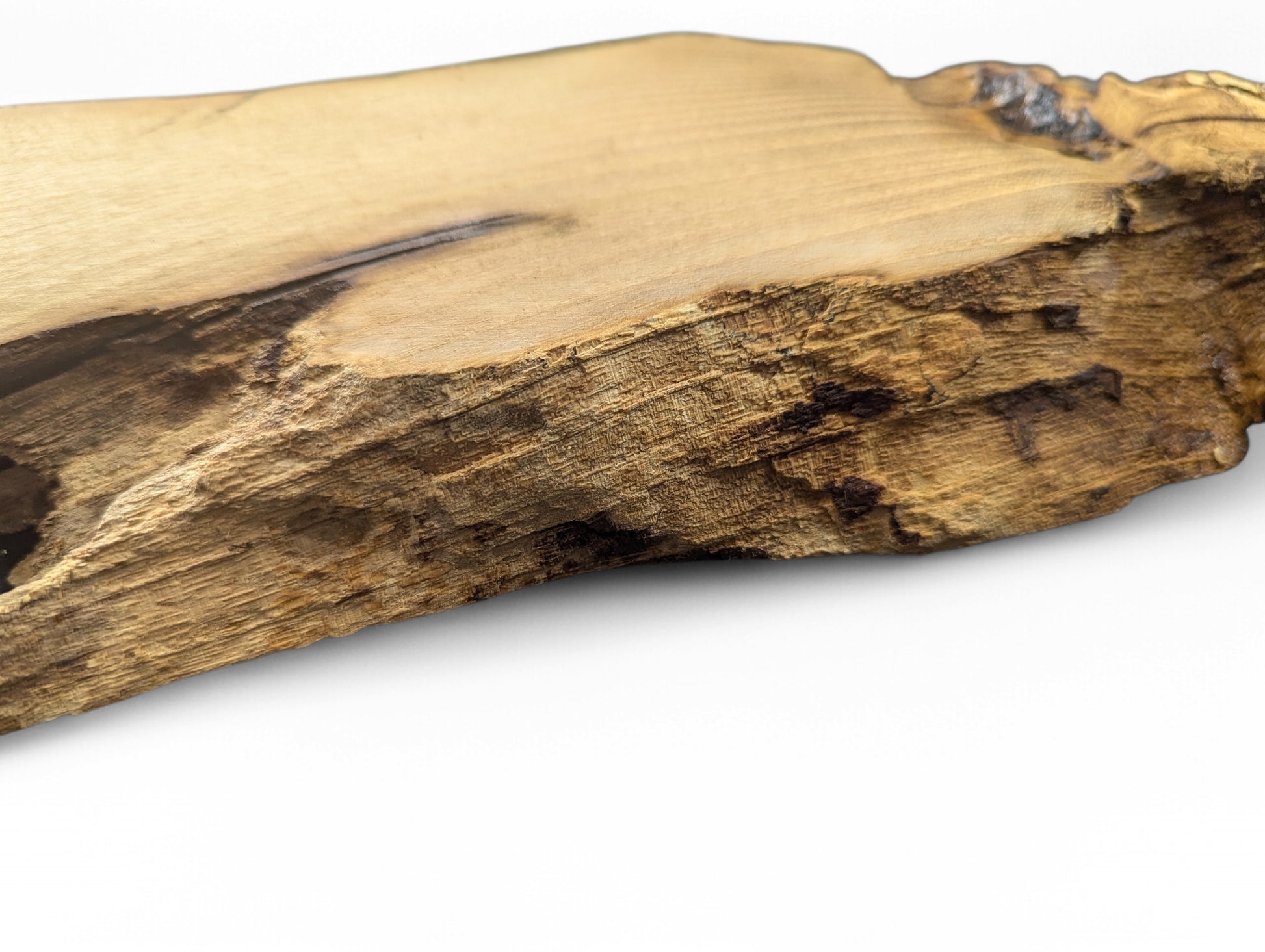 Irregularly shaped light brown black locust wood slice, showing smooth top surface and rough natural edge.