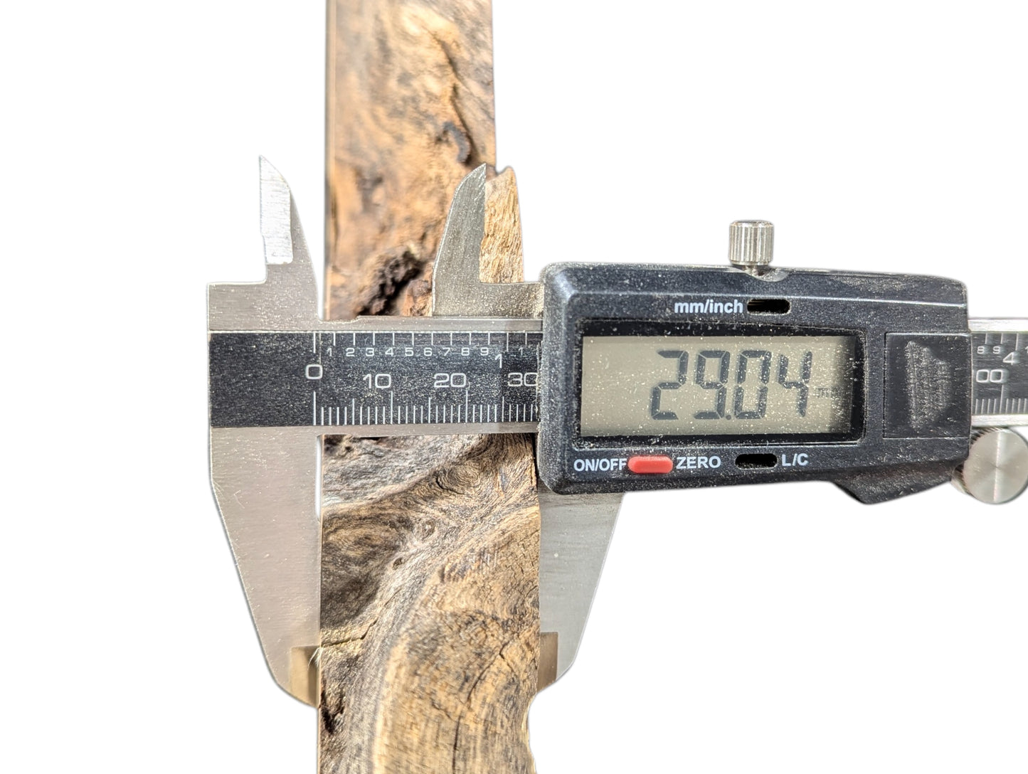 A digital caliper measures the 29.04 mm thickness of a planed black locust root wood slice.