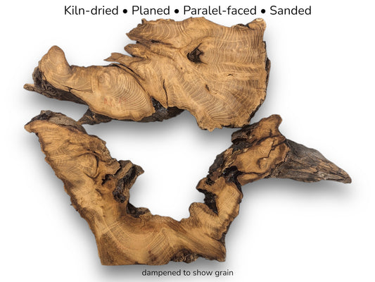 Image with text details showing two irregular golden-brown Black Locust root slices with distinct grain patterns.