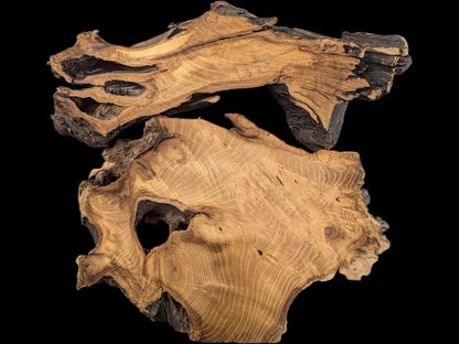 Irregularly shaped black locust root wood slices, planed and sanded, featuring distinct grain and natural dark edges.