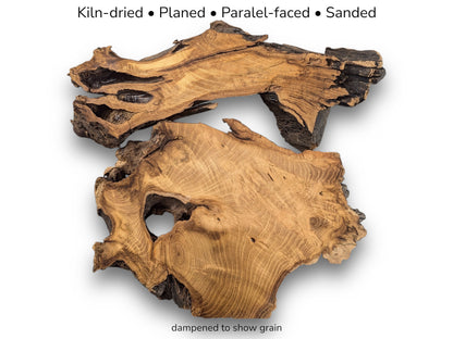 Two irregular, planed black locust wood slices displaying visible grain, with preparation details text.