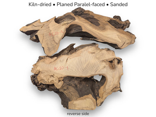 Photograph of two planed, sanded black locust root wood pieces, showing grain and all text overlays.