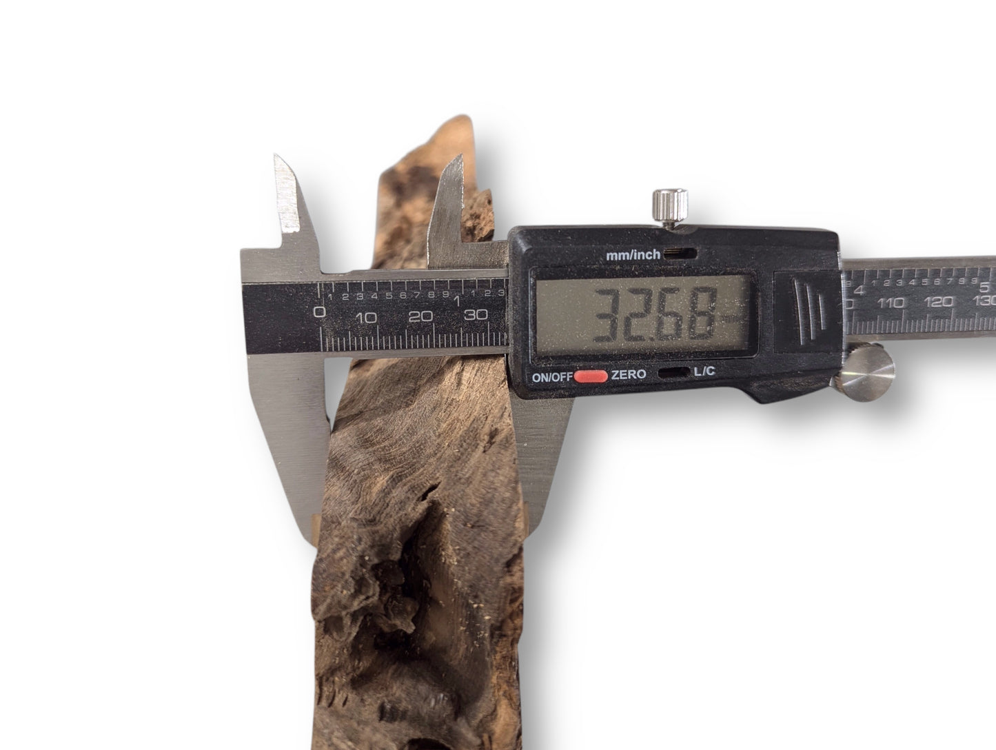 Digital caliper measuring an irregular, dark brown black locust root wood slice, showing a 32.68 mm thickness.
