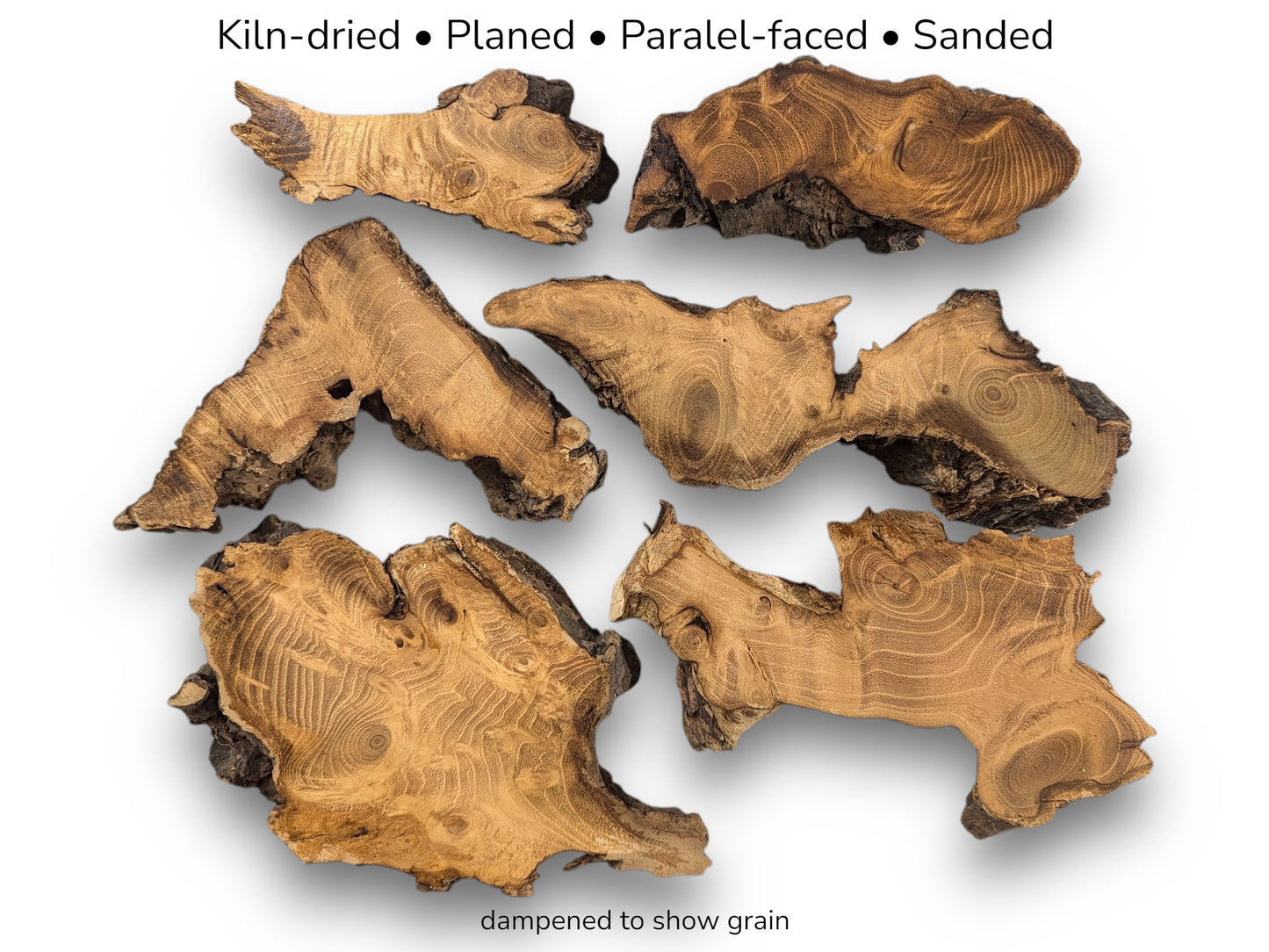 Image with text shows six dampened, planed black locust root slices with prominent grain and bark.