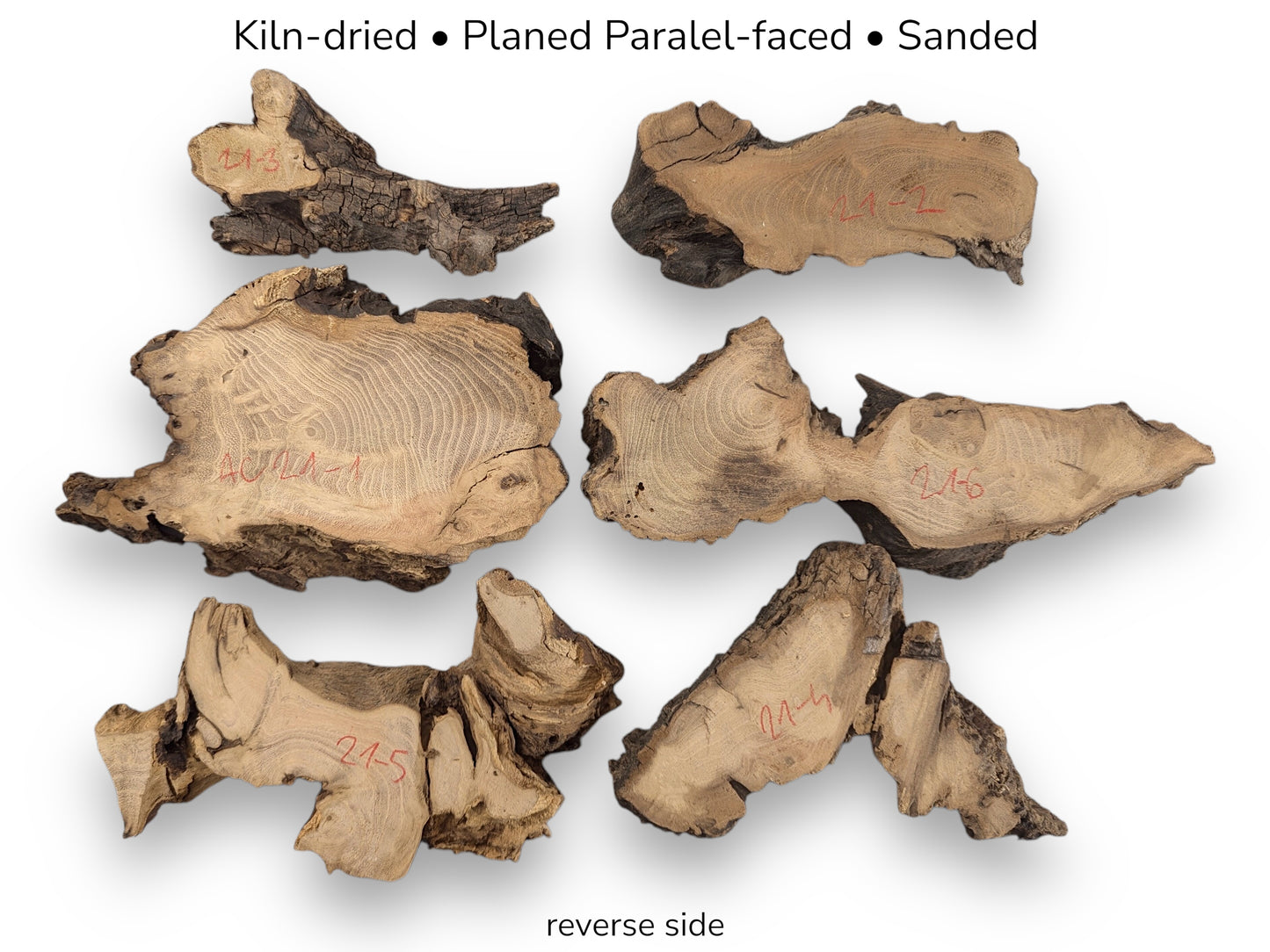 Six sanded irregular root slices with red numbers and text details indicating kiln-dried and reverse side.
