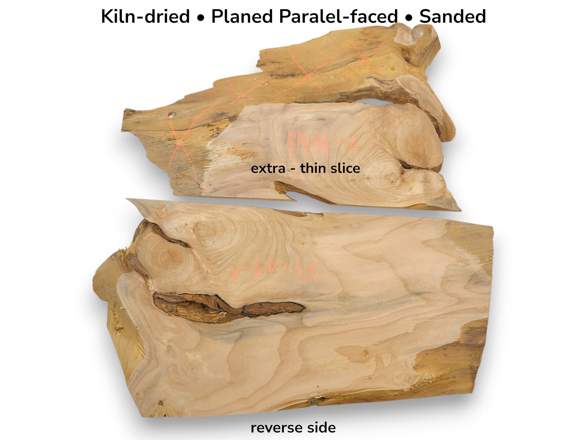 Two planed alder wood slabs with text annotations identifying the reverse side and preparation details.