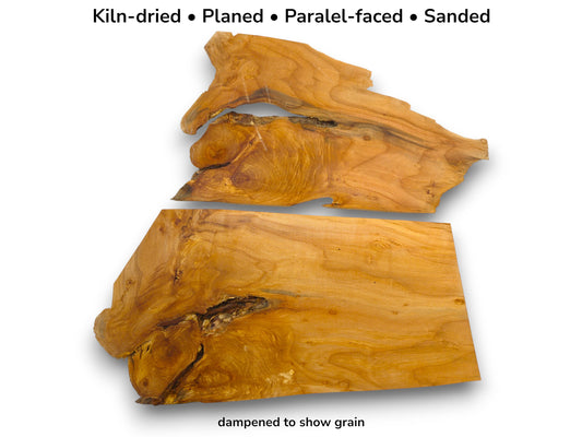 Two irregular alder wood blanks, dampened to show rich grain, with text listing their preparation.