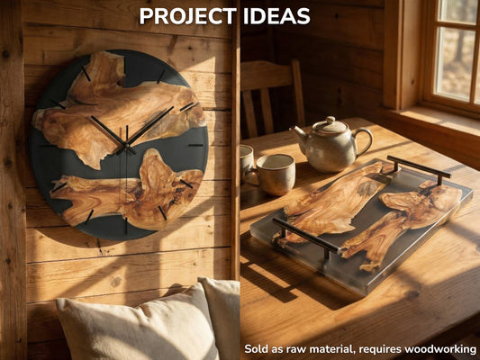 A diptych shows alder burl's swirling grain in a finished clock and resin tray.