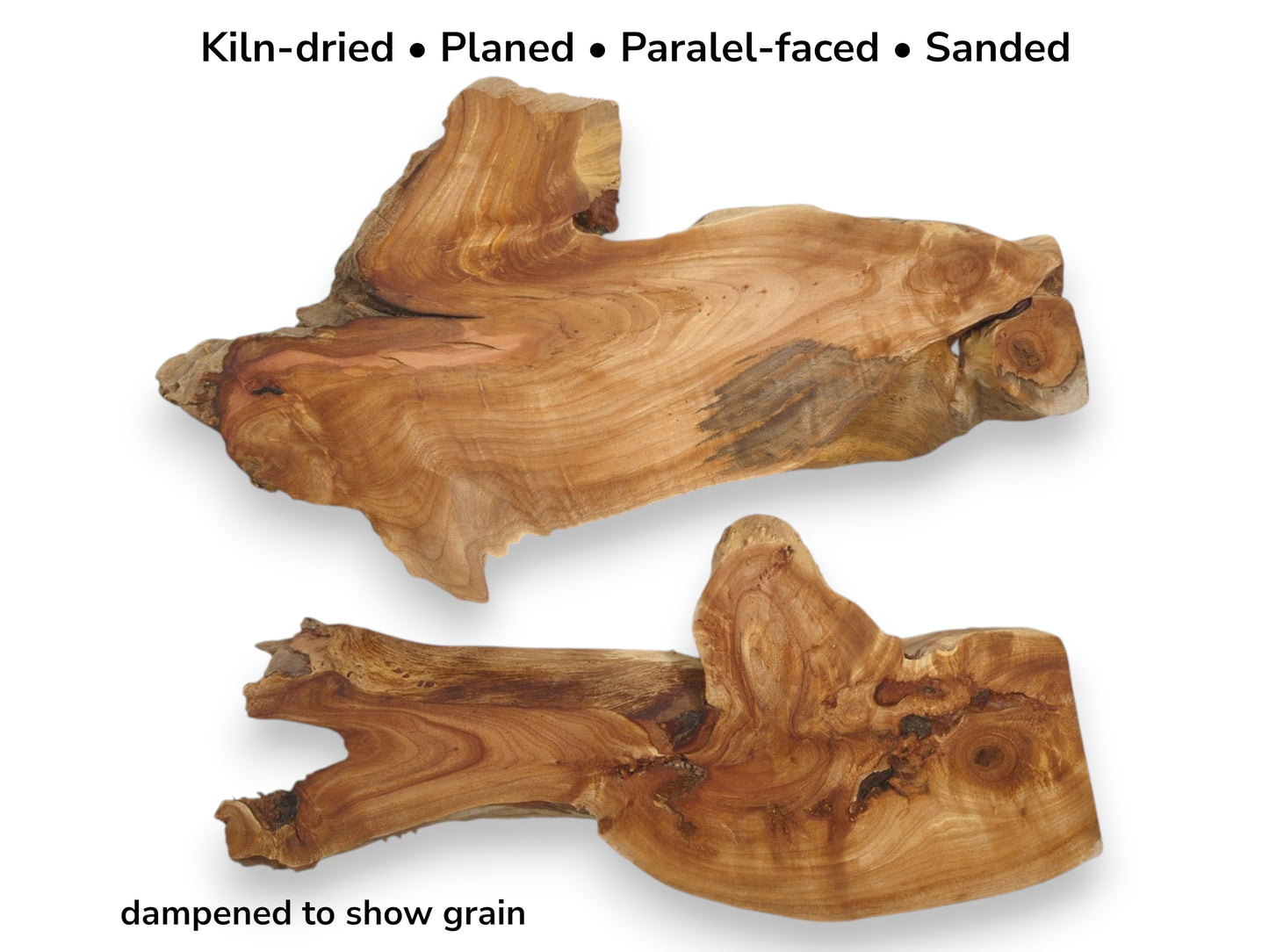 Two smoothed alder burl slabs, arranged horizontally, display vibrant, swirling grain and rugged live edges.