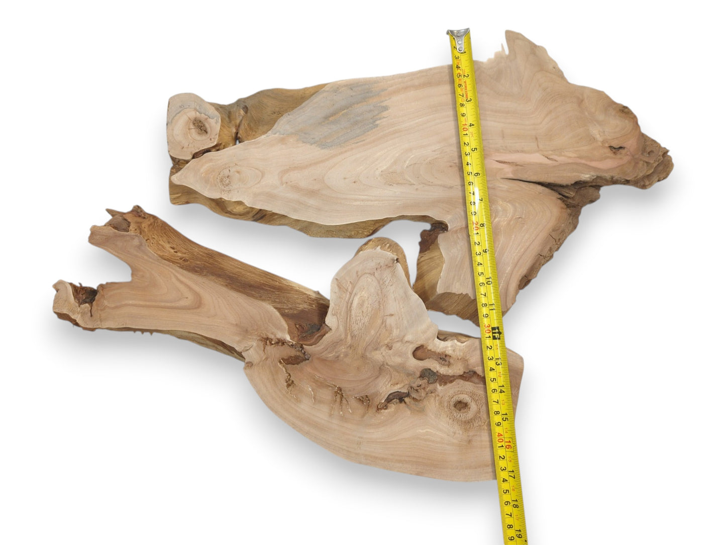 A yellow tape measure lays across two pale timber blanks with irregular, gnarled edges.