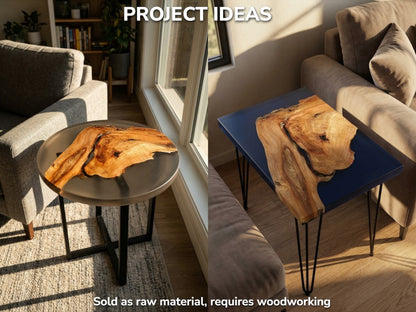 A diptych displays a gnarled wood slab as two finished epoxy tables in a home.