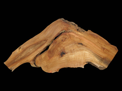 A deep crevice splits this mountain-shaped lumber, revealing flowing grain patterns and dark, embedded knots.