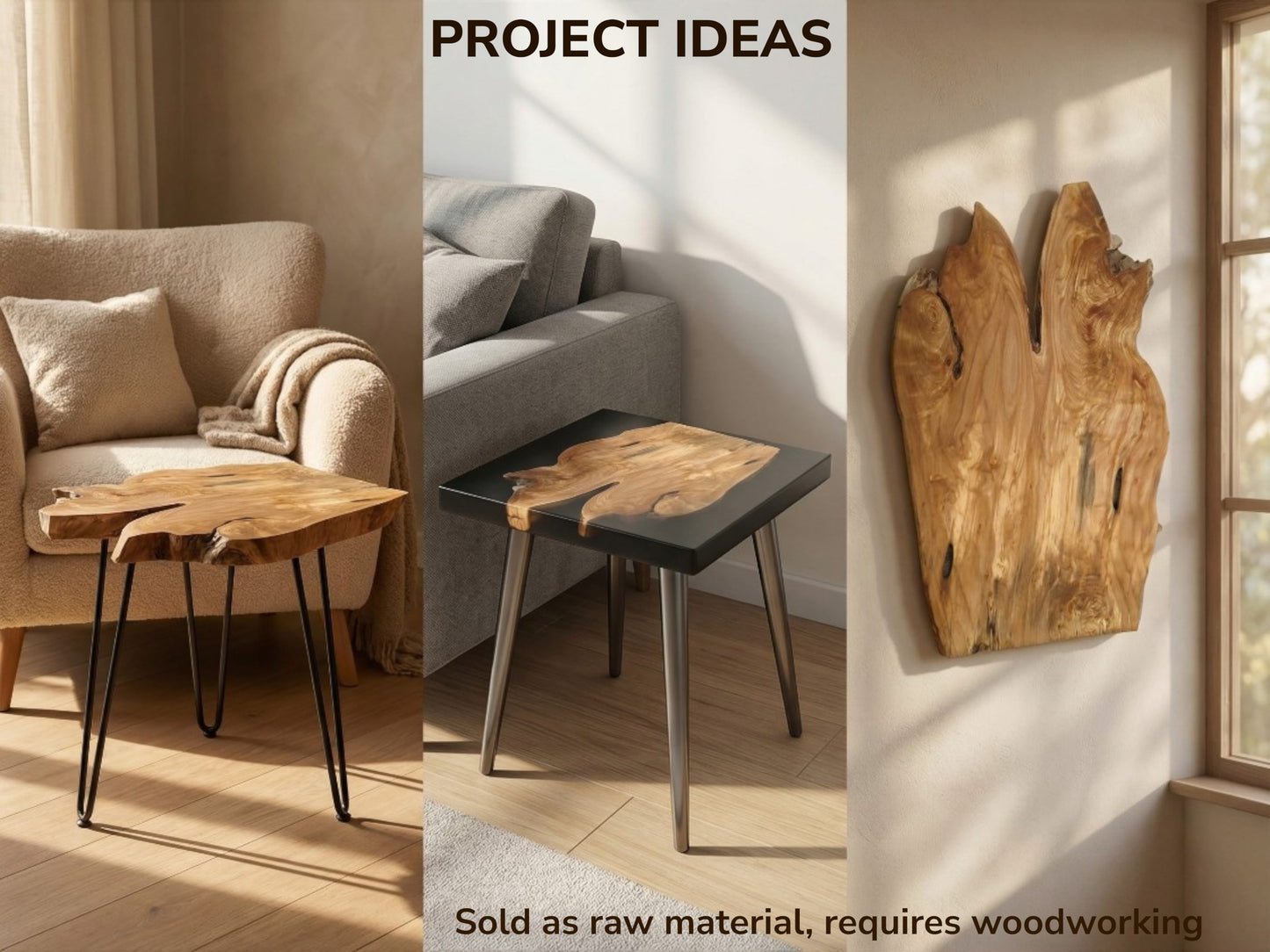 A triptych shows finished alder root projects: a live-edge table, resin table, and wall art.
