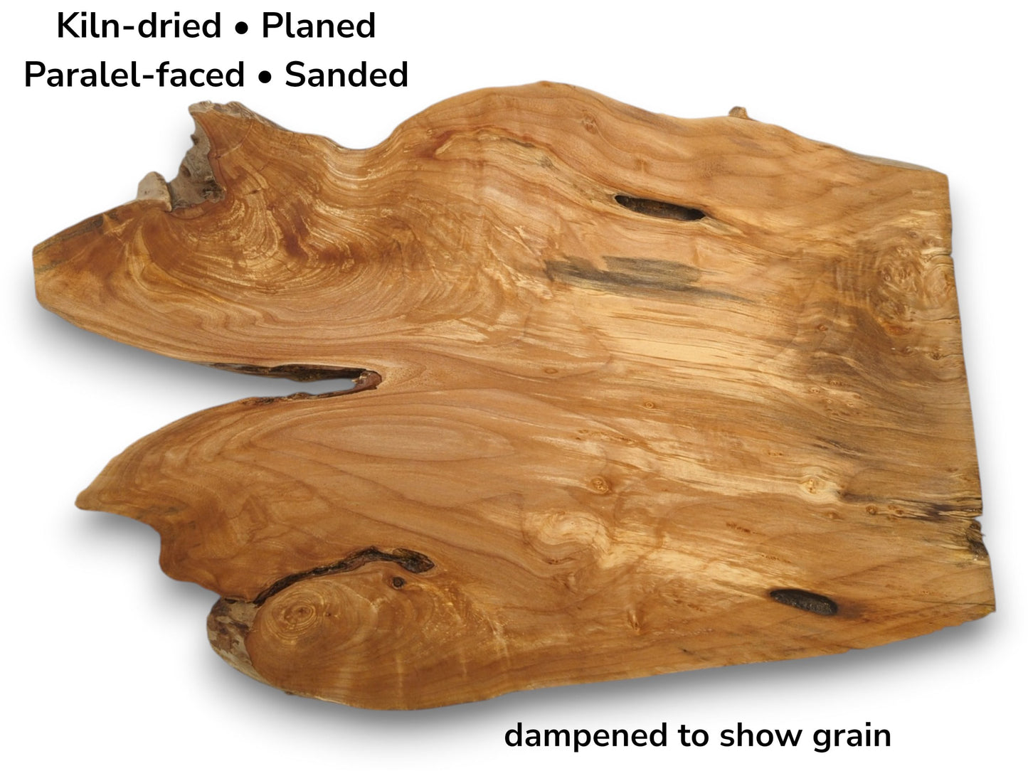 Overhead view of a lustrous alder root slab with a deep side cleft and voids.