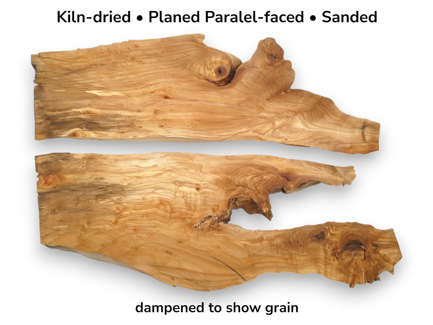 Two gnarled timber sections with live edges display swirling grain patterns and prominent burls.