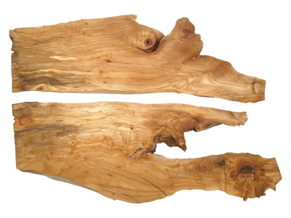 Two horizontal timber sections display prominent knots, gnarled burls, and dramatically irregular live edges.