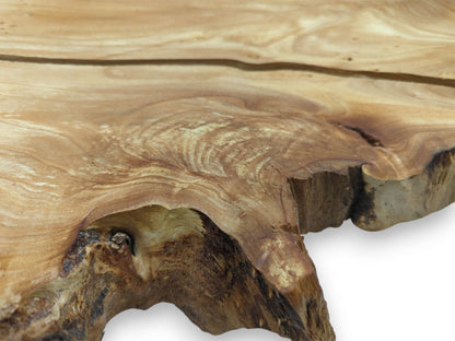 A close perspective on a wood slab's craggy, natural edge and smooth, cracked surface.