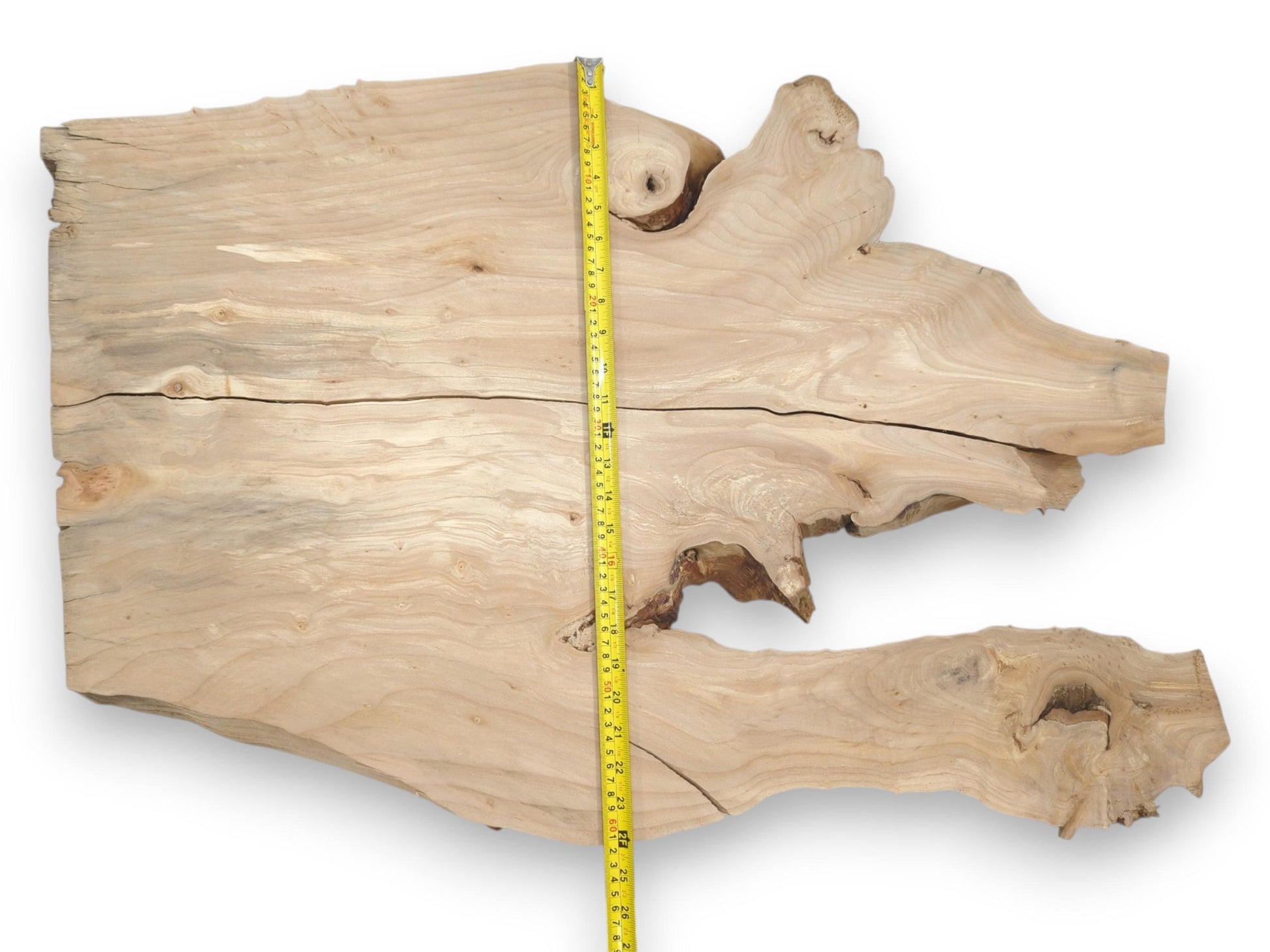 A yellow tape measure is laid across a pale, fissured wood slab with gnarled, organic edges.