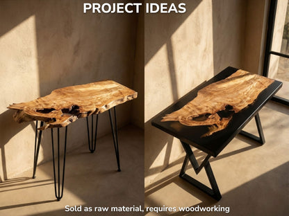 A split image shows a root wood plank as a natural table and a resin-filled table.