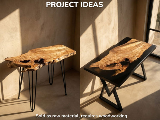 A split image shows a root wood plank as a natural table and a resin-filled table.
