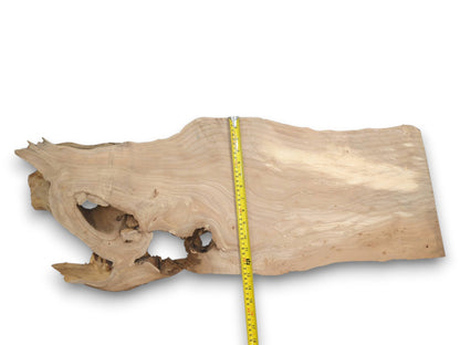 A yellow tape measure lies across a pale, irregular timber plank with large hollowed knots.