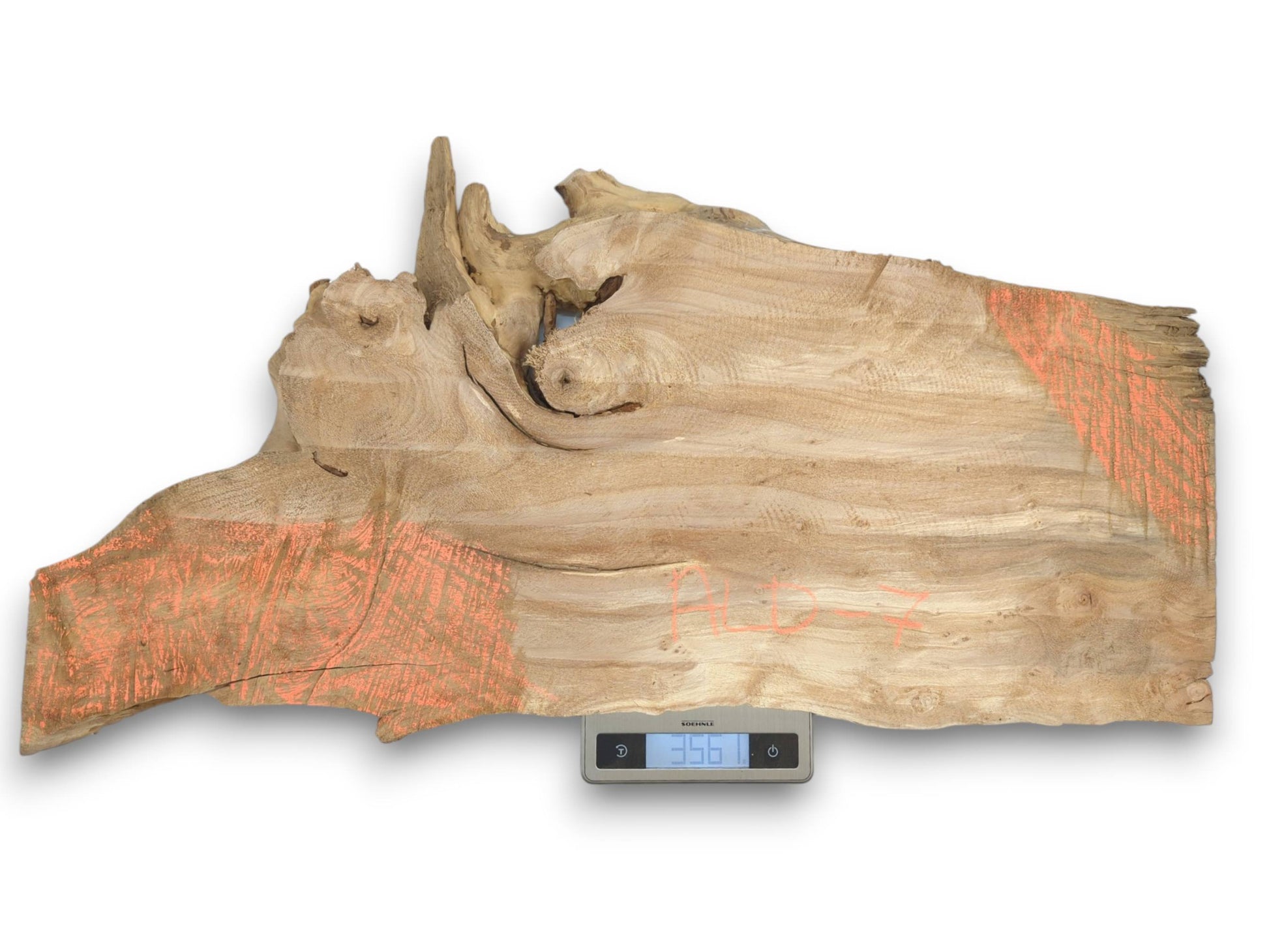 A raw, gnarled wood piece with orange markings sits on a digital scale reading 3561.