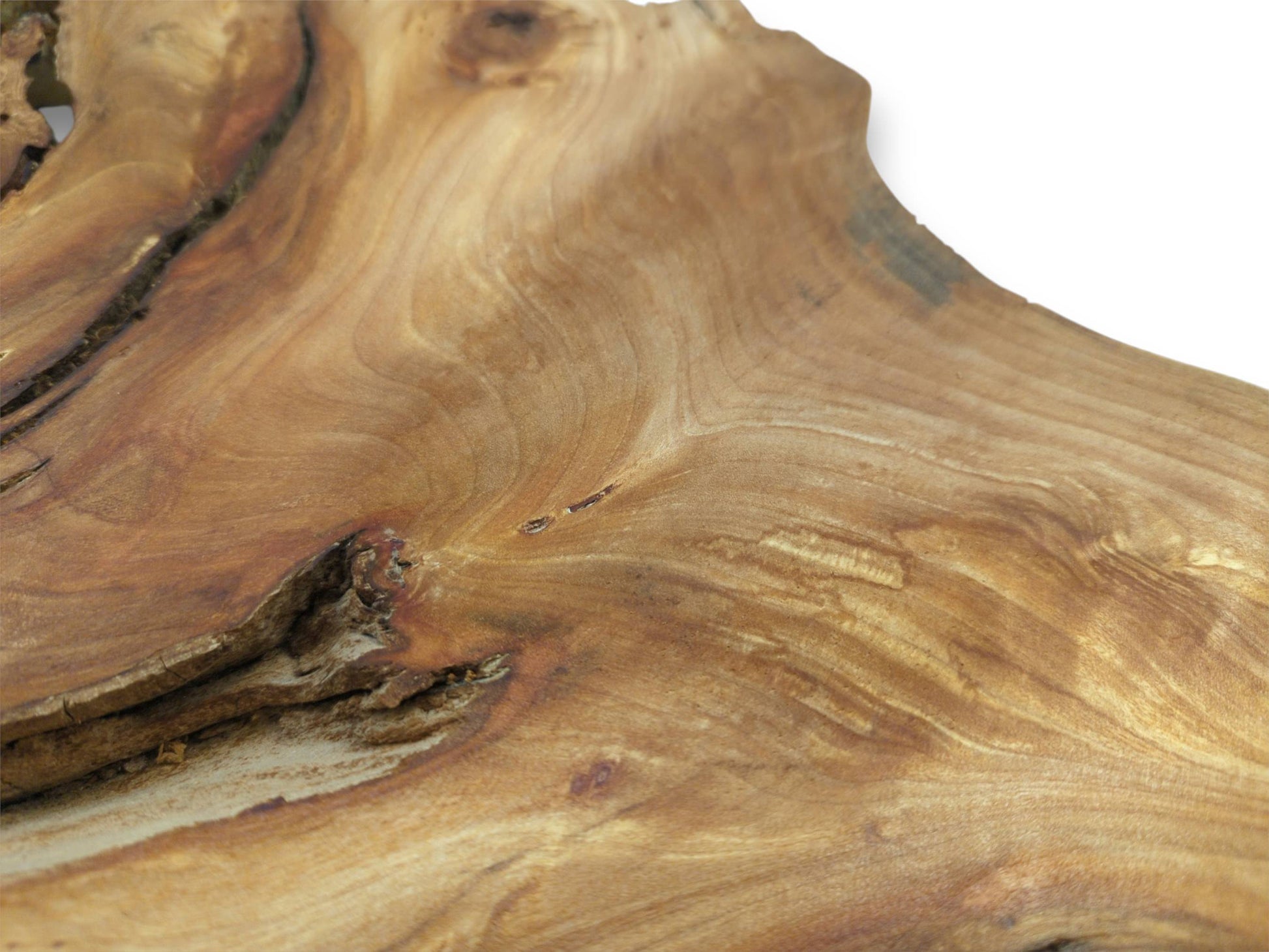 A close perspective of golden-hued timber with sweeping grain flowing around a gnarled crevice.