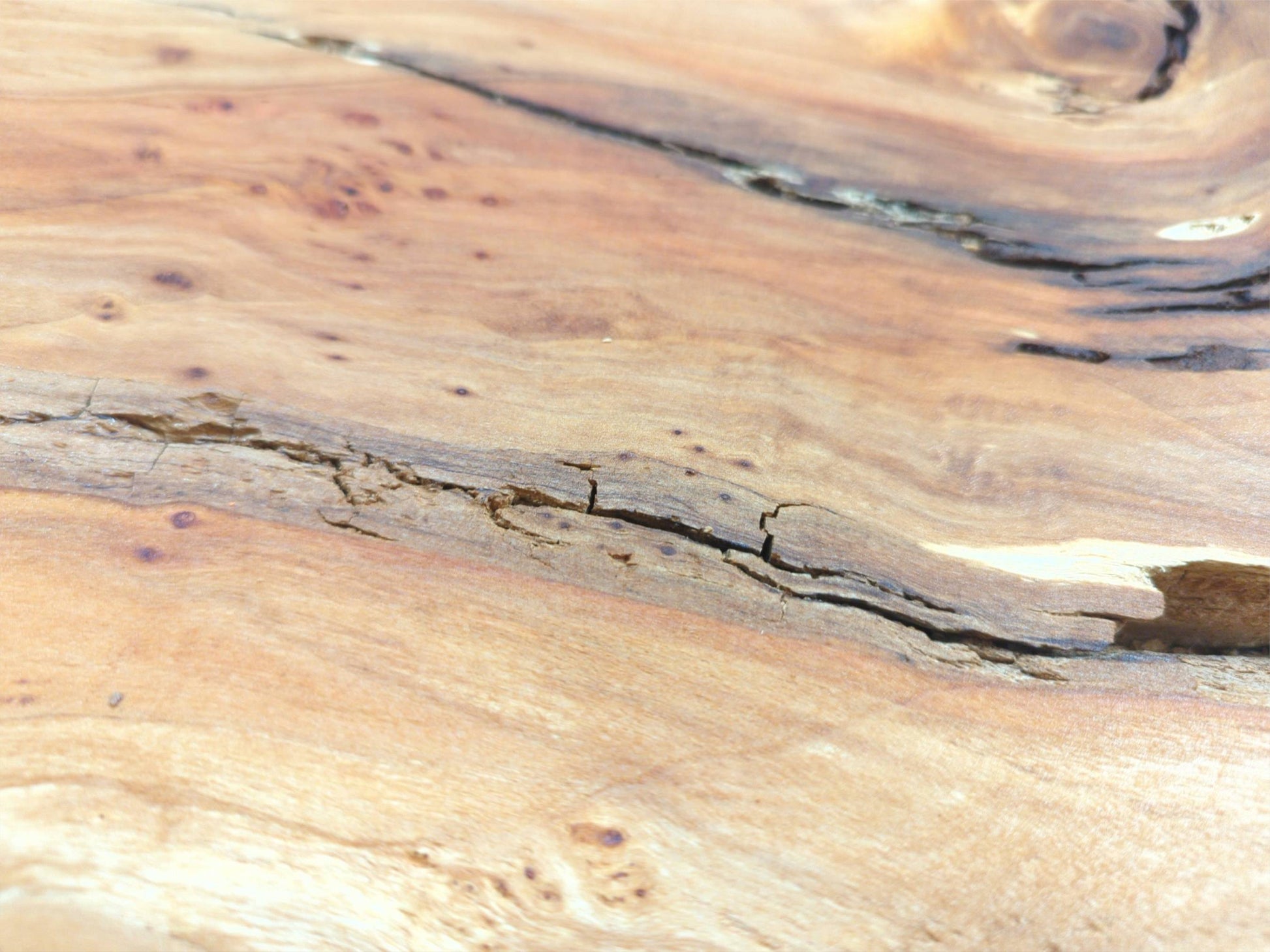 A diagonal view across a wooden plank showing a dark, weathered crack and scattered knots.