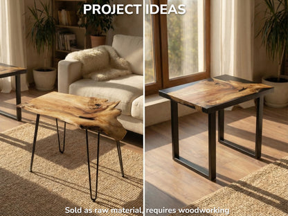 Side-by-side comparison of a live-edge timber plank finished as two distinct modern coffee tables.