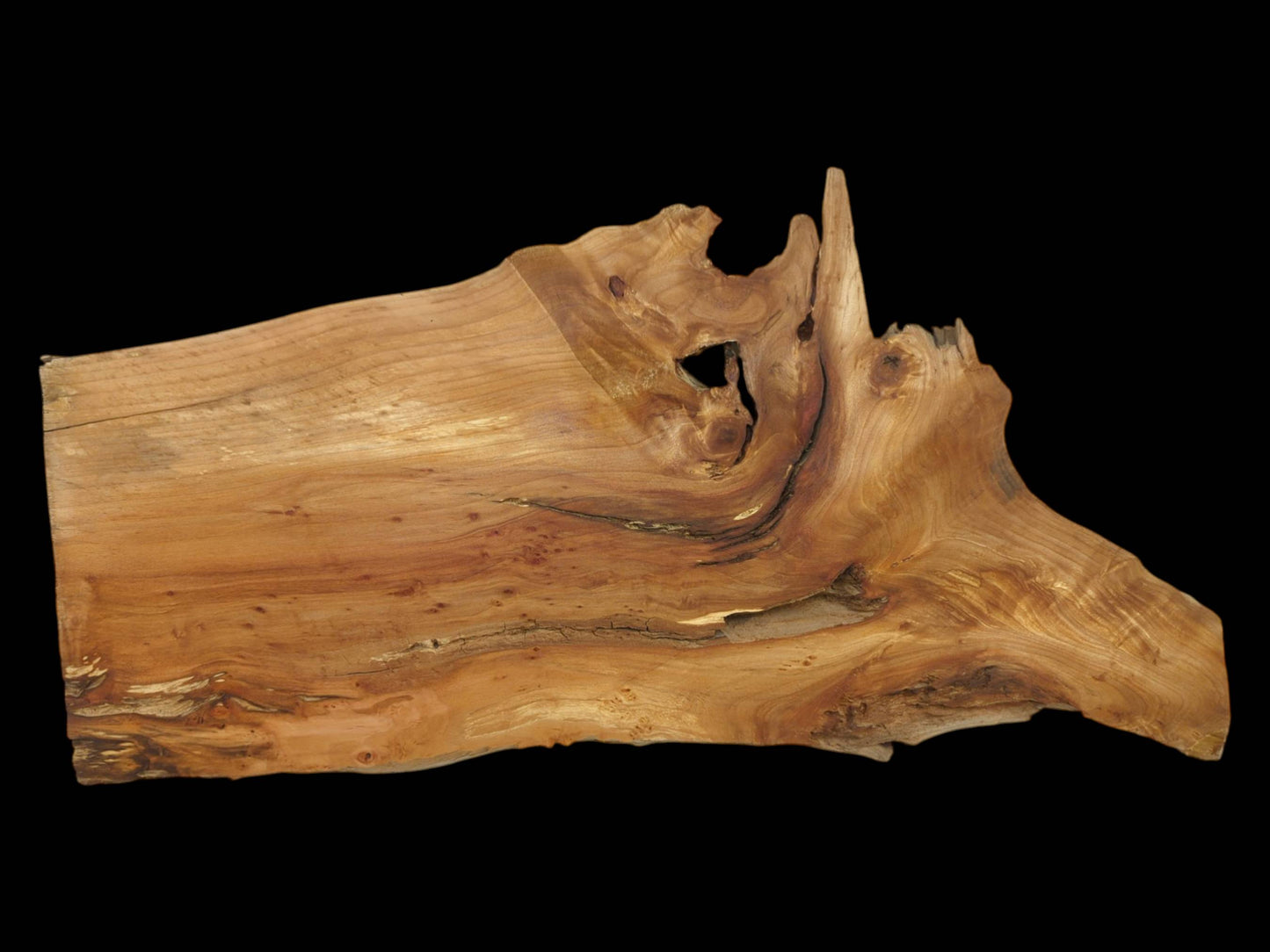 A planed wood section with swirling grain, a large central void, and a dramatic, pointed edge.