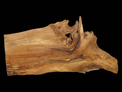 A planed wood section with swirling grain, a large central void, and a dramatic, pointed edge.