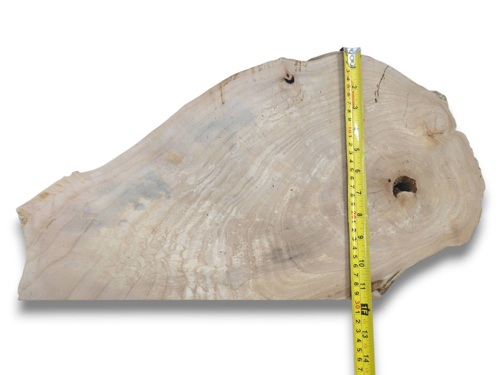 A yellow ruler measures a light-colored timber piece with shimmering grain and a dark void.