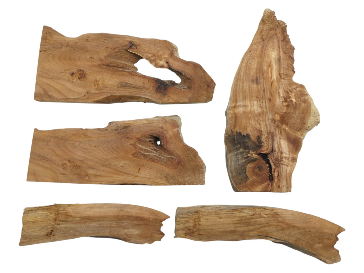 Five natural alder wood pieces with live edges, prominent knots, and varied wood grain.