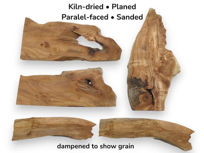 Five pieces of kiln-dried, planed, parallel-faced, and sanded alder wood with natural edges.
