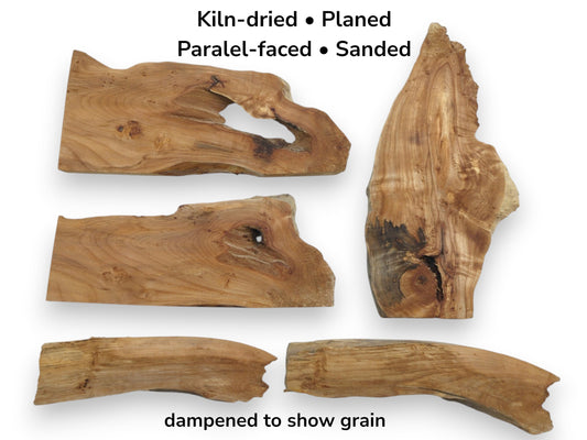 Five pieces of kiln-dried, planed, parallel-faced, and sanded alder wood with natural edges.