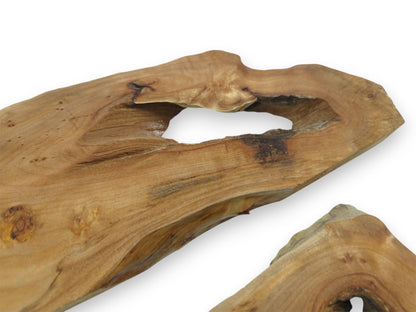 Two light brown alder wood slabs with natural live edges and prominent knot holes.