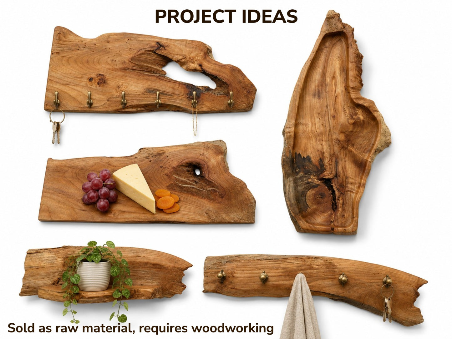 Five natural alder wood pieces, some with live edges, displayed as various craft project ideas.