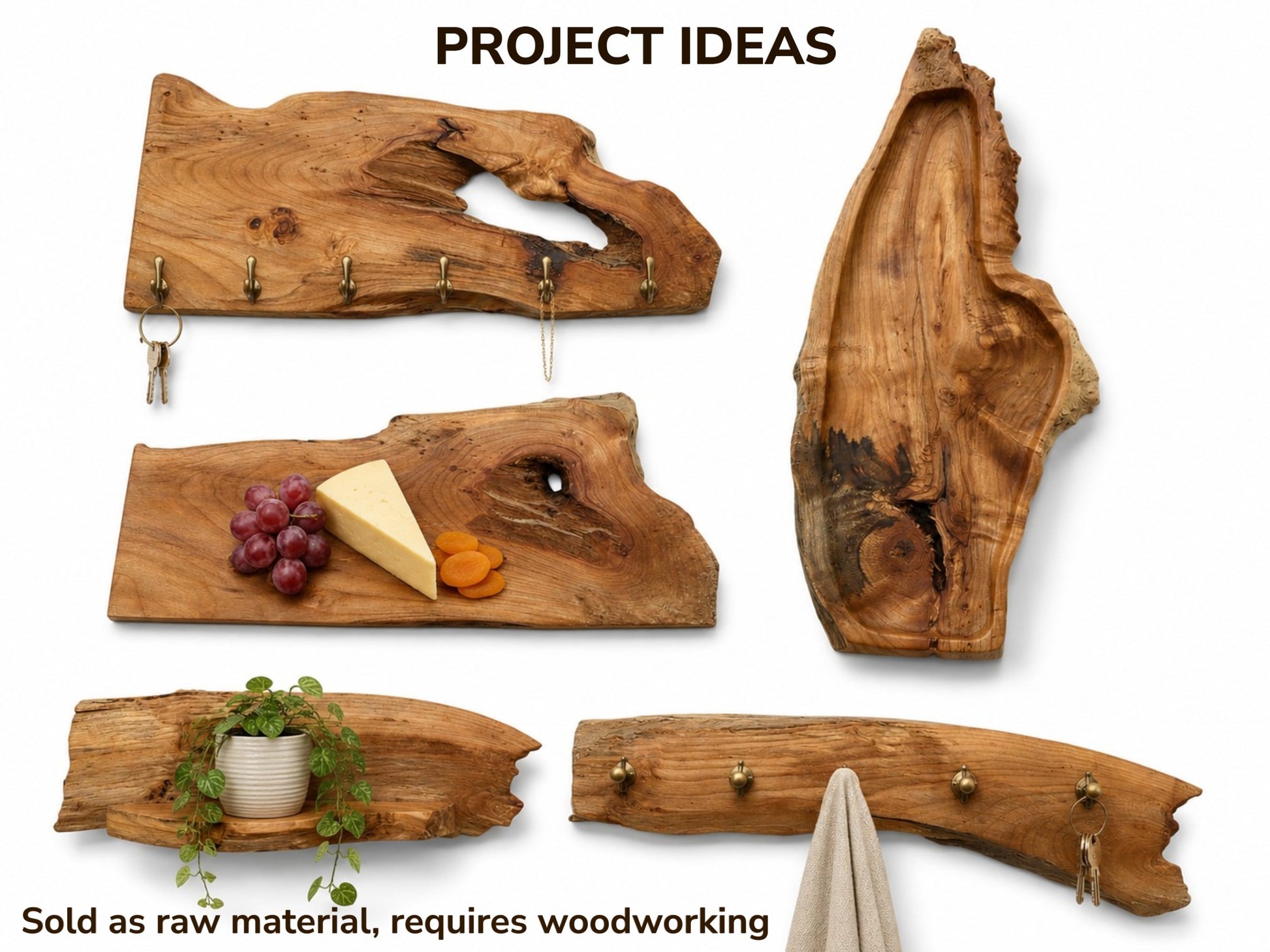 Five natural alder wood pieces, some with live edges, displayed as various craft project ideas.