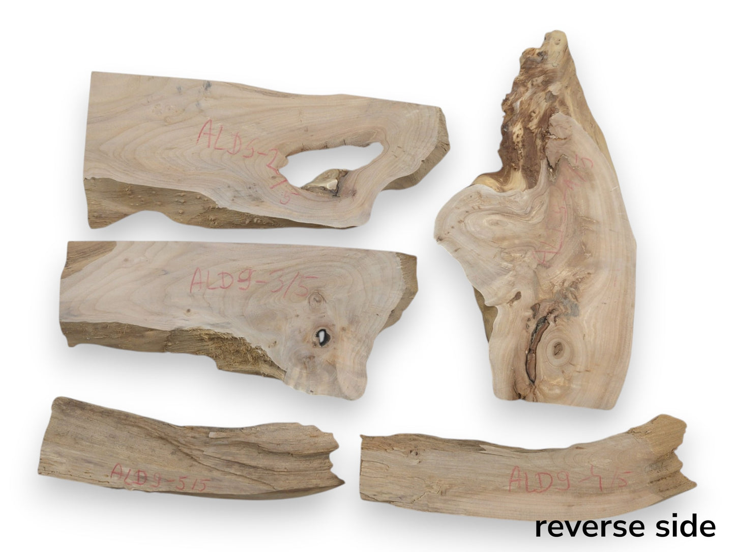 Five light-colored alder wood pieces with natural edges and visible grain patterns on a white background.