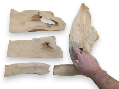 A hand points to a large, light-colored alder wood slab with natural edges and visible grain.