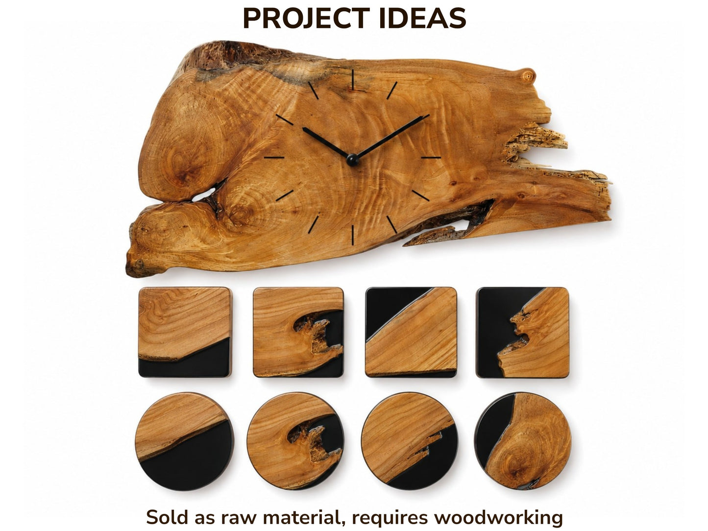 A large alder wood clock and eight smaller wood pieces with natural edges and black resin.