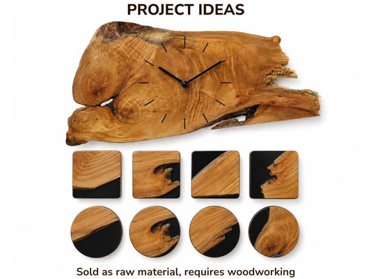 A large alder wood clock and eight smaller wood pieces with natural edges and black resin.