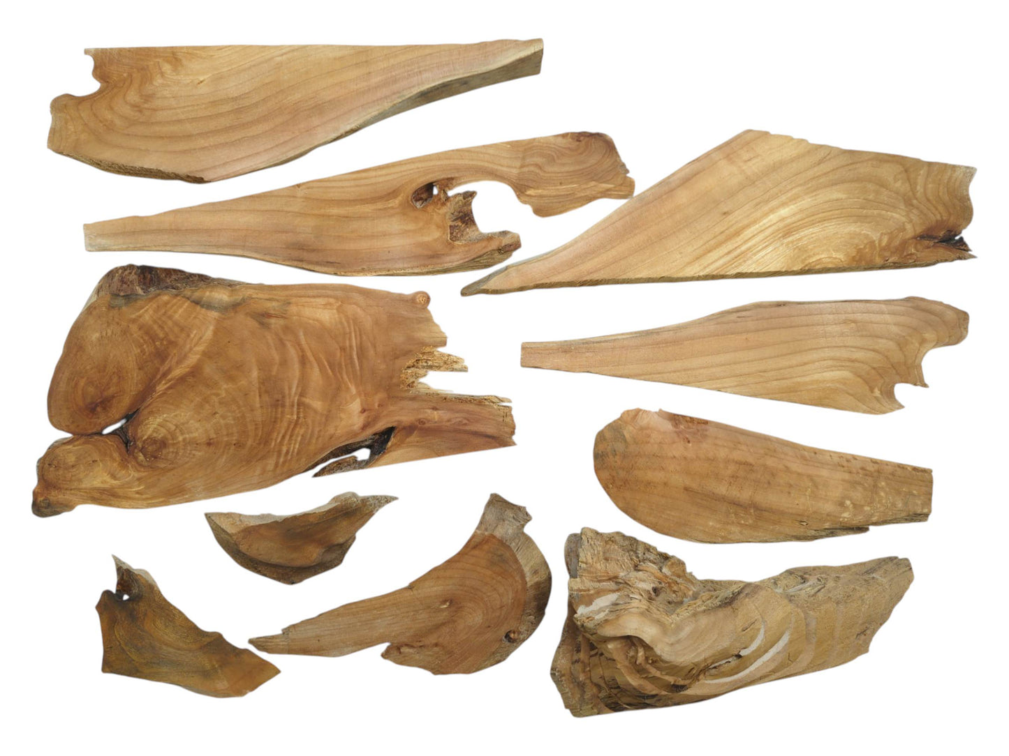 Various alder wood pieces with natural edges, showing different shapes, grains, and textures on white.